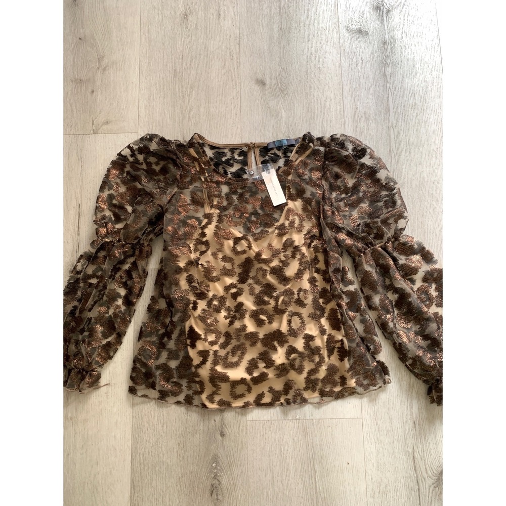 Eva Franco Anthropologie Metallic Leopard Puff Sleeve Mesh Top Bronze‎ NWT M